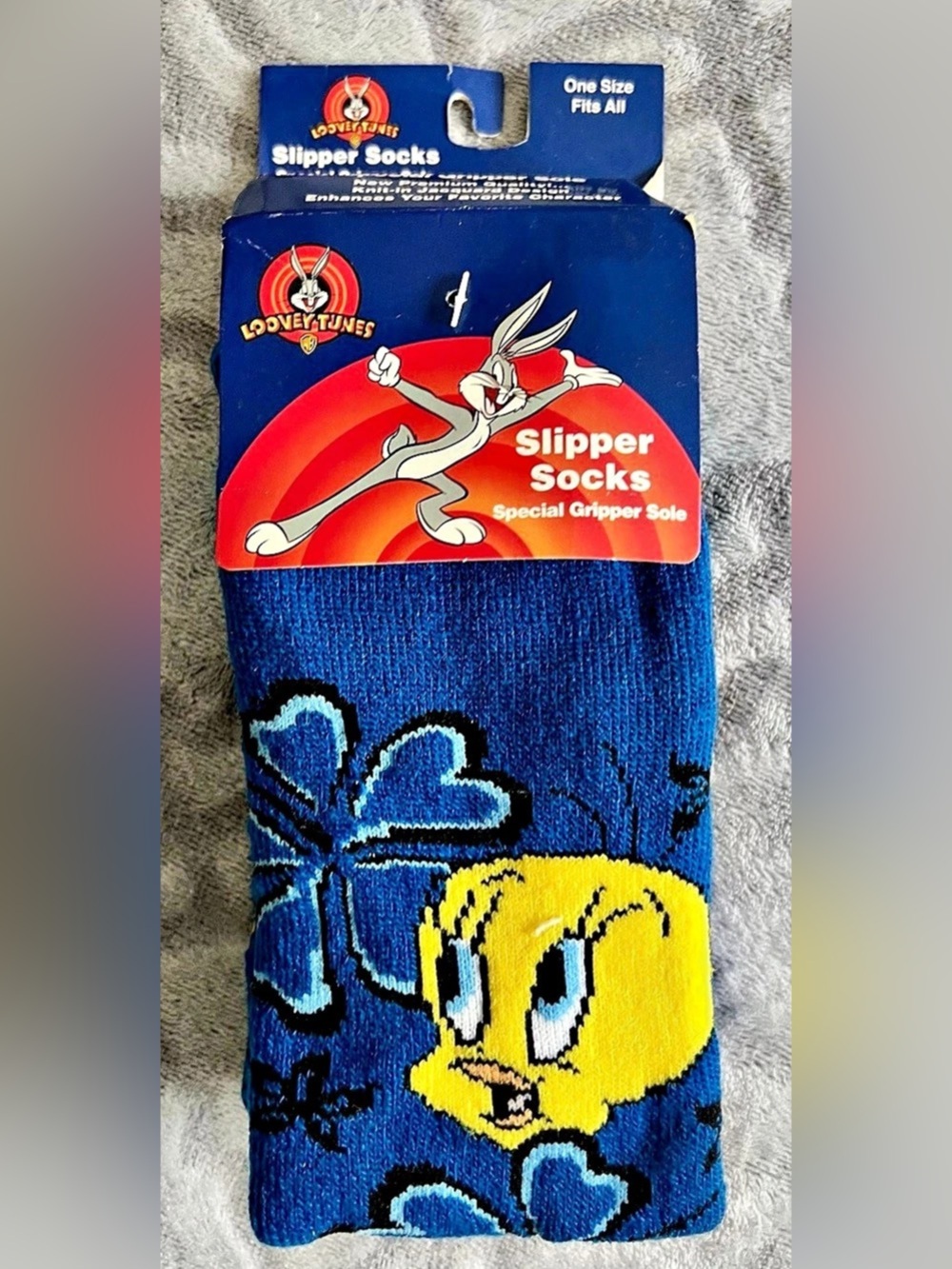 Vintage Looney Tunes Tweety Bird Blue Floral Slipper Socks NWT One Size